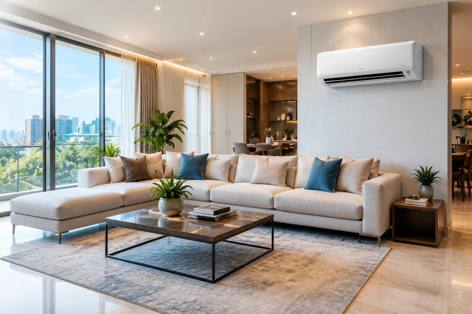 Comfortable residential living space with wall-mounted air conditioning