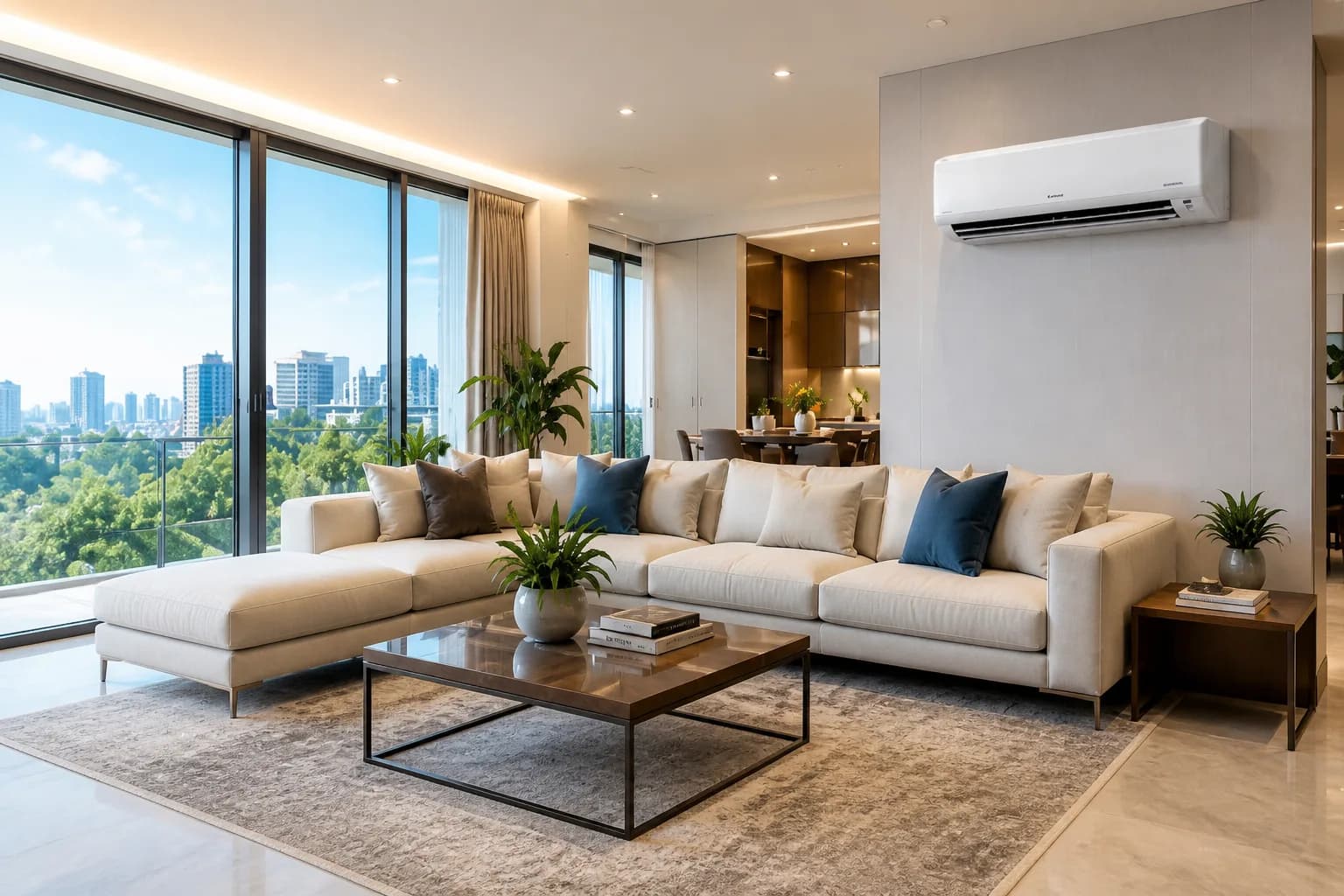 Modern living room with a wall-mounted split air conditioner