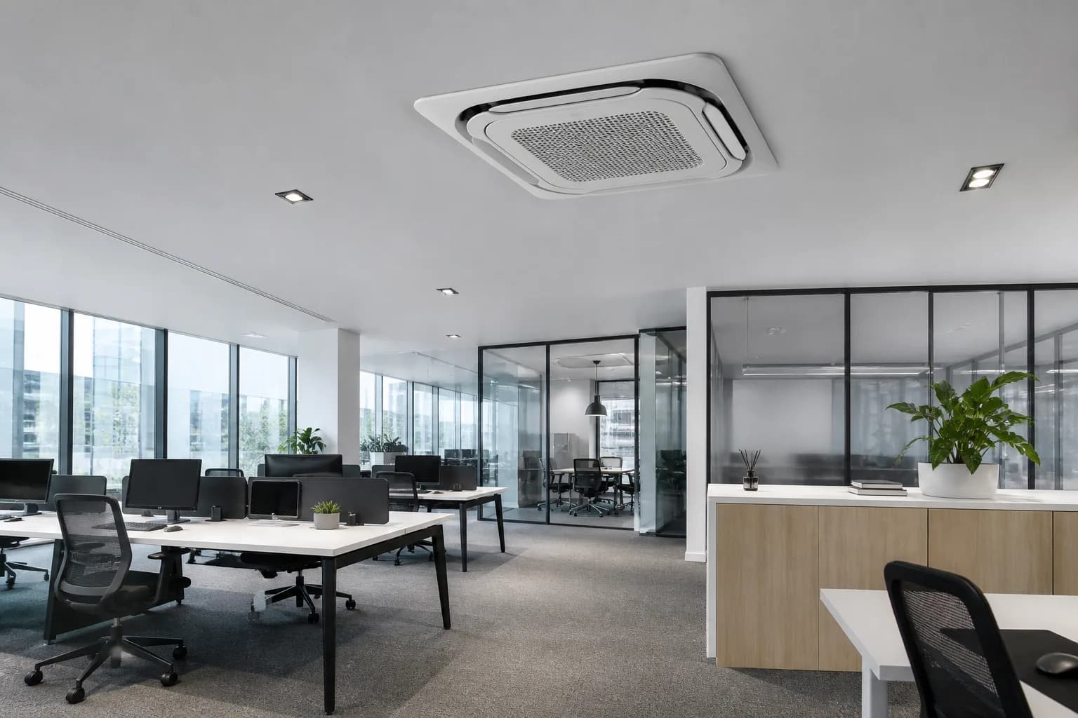 Modern office with a ceiling cassette air-conditioning unit