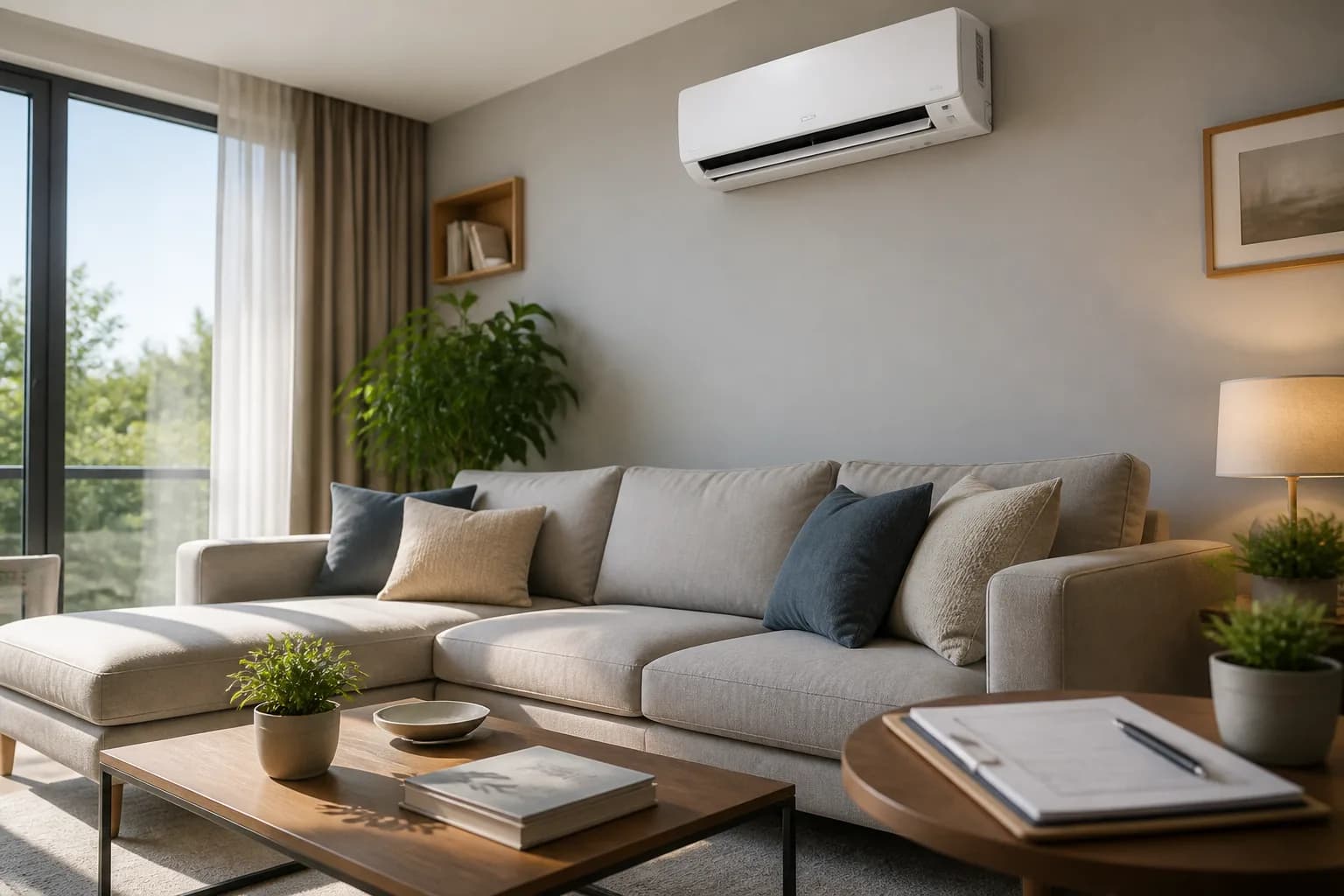 Comfortable living room with a wall-mounted air conditioner for planned maintenance