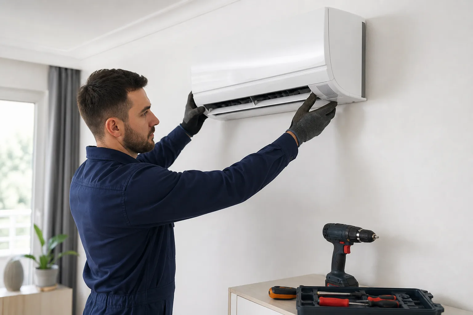 Technician installing a wall-mounted air conditioner indoors
