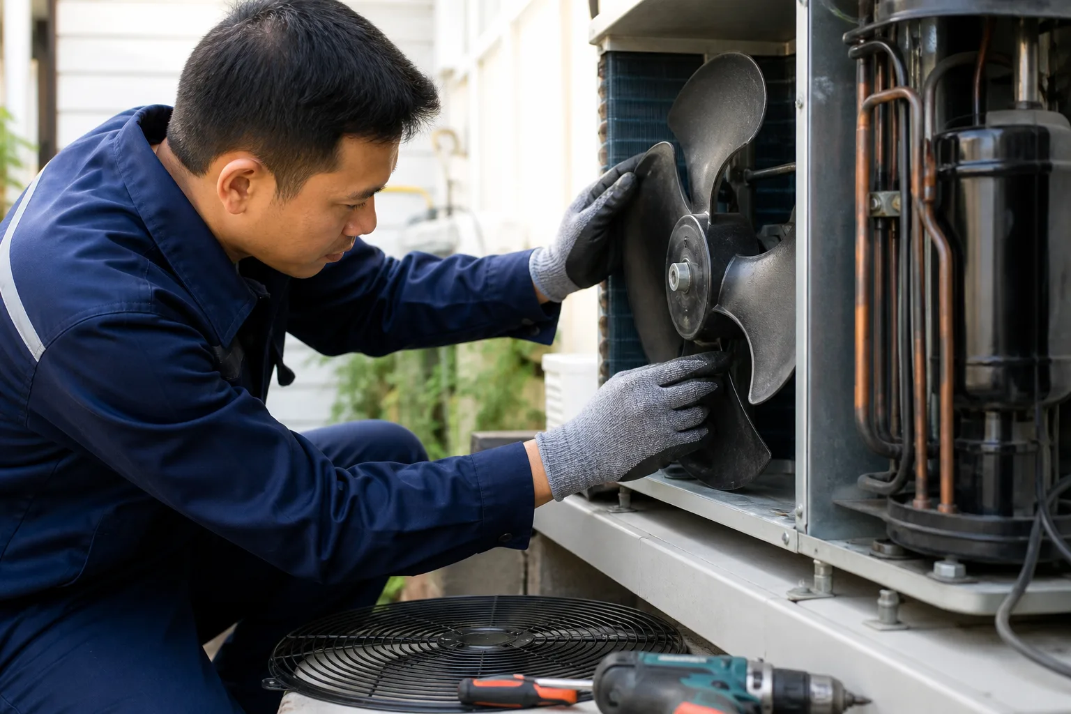 Technician inspecting outdoor air-conditioner components during servicing