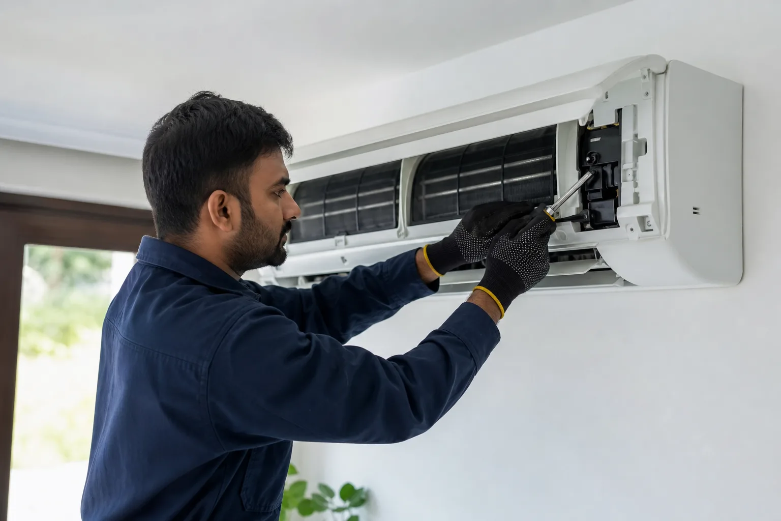 Technician servicing a wall-mounted air conditioner